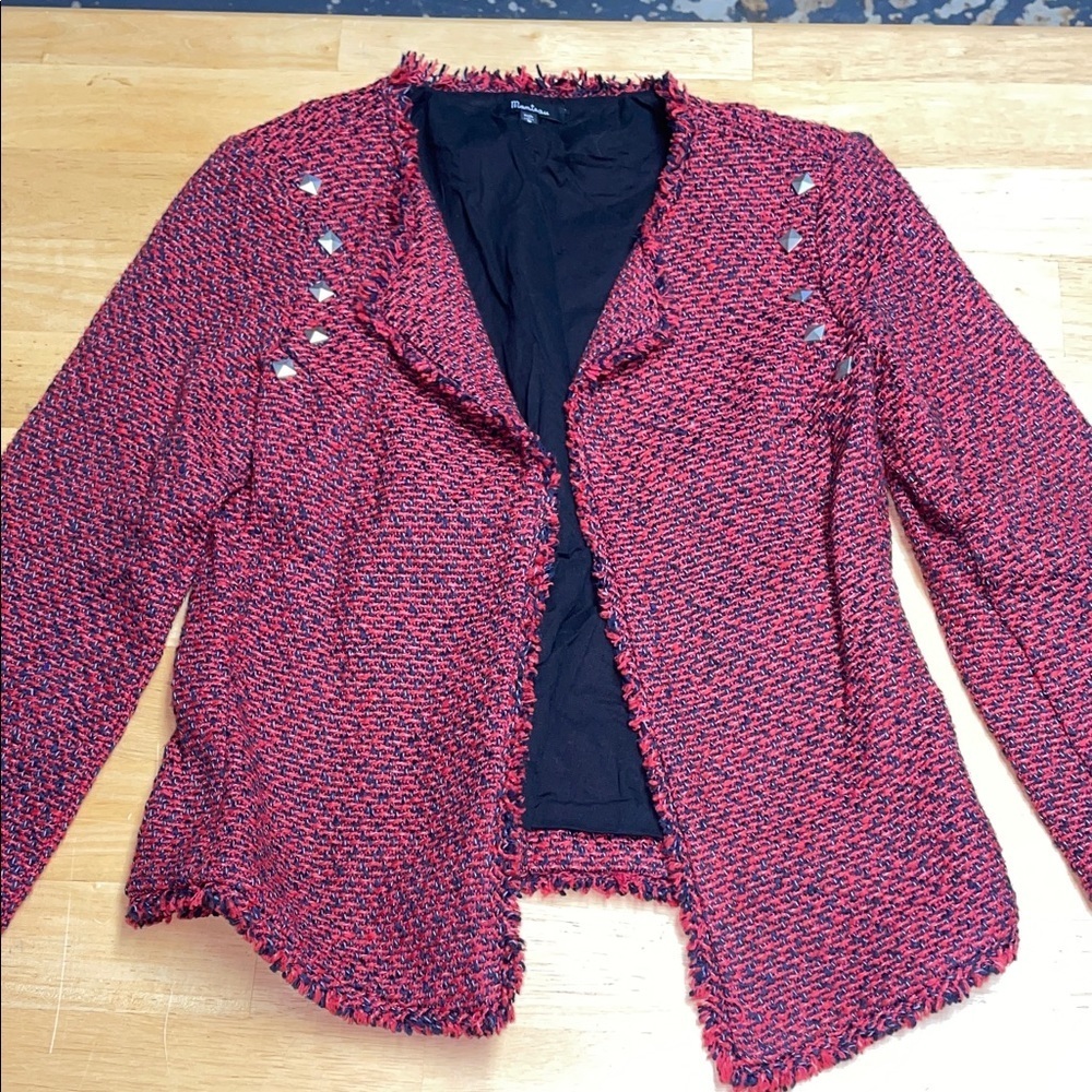 Monteau Red & Black Tweed Open Blazer Jacket w Silver Studded Accents.  Sz Small